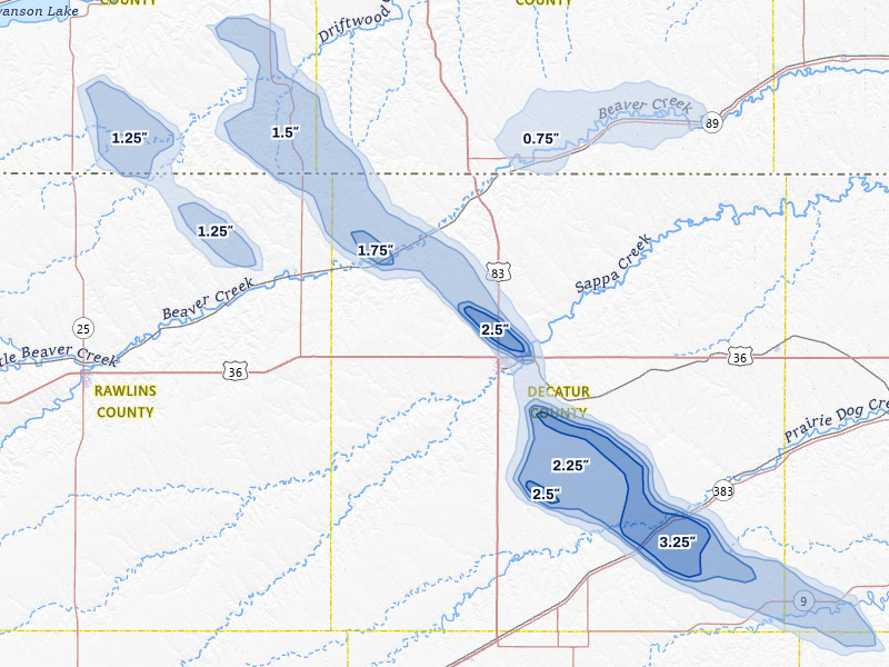 NEXRAD radar-signature map of the hail storm over Oberlin, KS on Aug 25, 2026