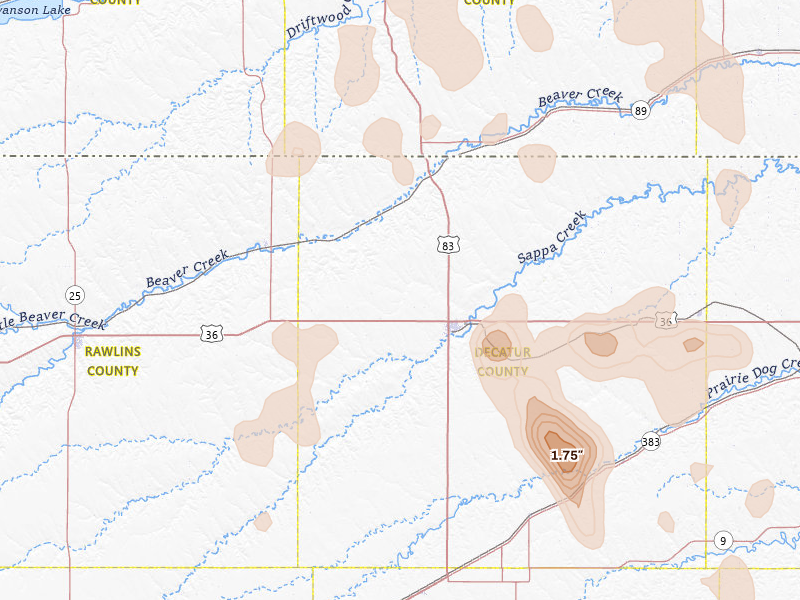 Radar-estimated hail-size map of the storm over Oberlin, KS on Aug 27, 2026