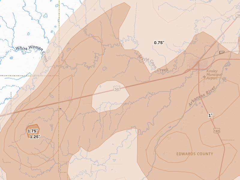 Radar-estimated hail-size map of the storm over Offerle, KS on May 18, 2026