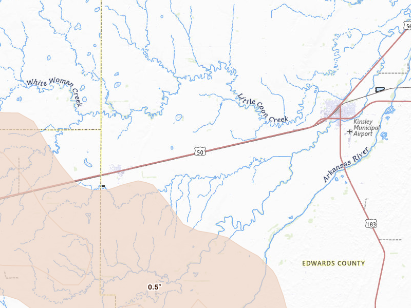 Radar-estimated hail-size map of the storm over Offerle, KS on Jun 25, 2026