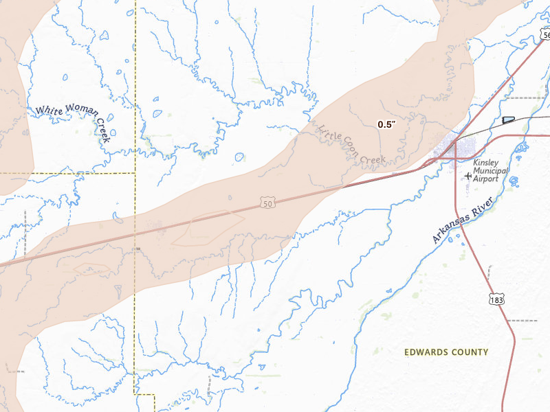 Radar-estimated hail-size map of the storm over Offerle, KS on Jul 9, 2026