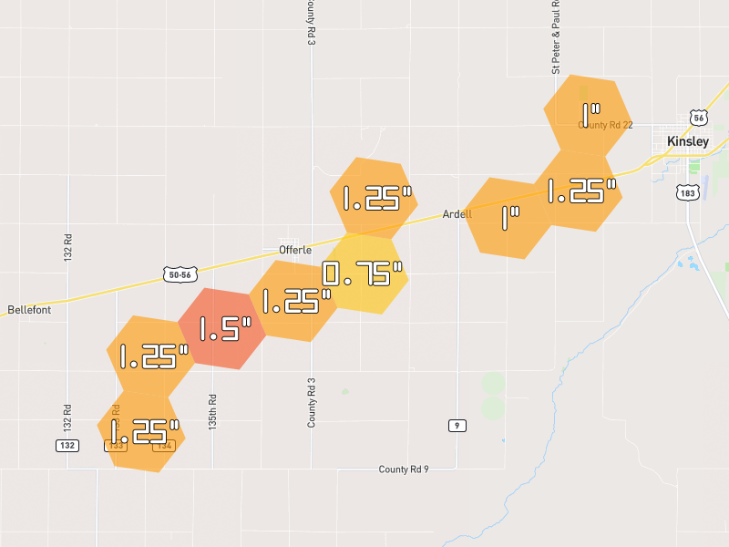 Hail map of Offerle, KS on Jul 9, 2026, hail up to 1.5"