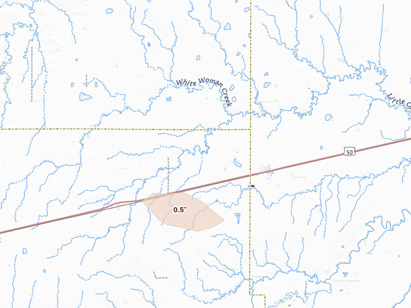 Radar-estimated hail-size map of the storm over Offerle, KS on Aug 21, 2026