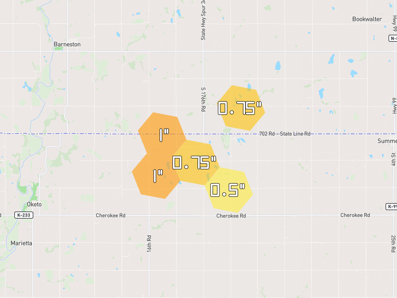 Hail map of Oketo, KS on Jul 4, 2026, hail up to 1"