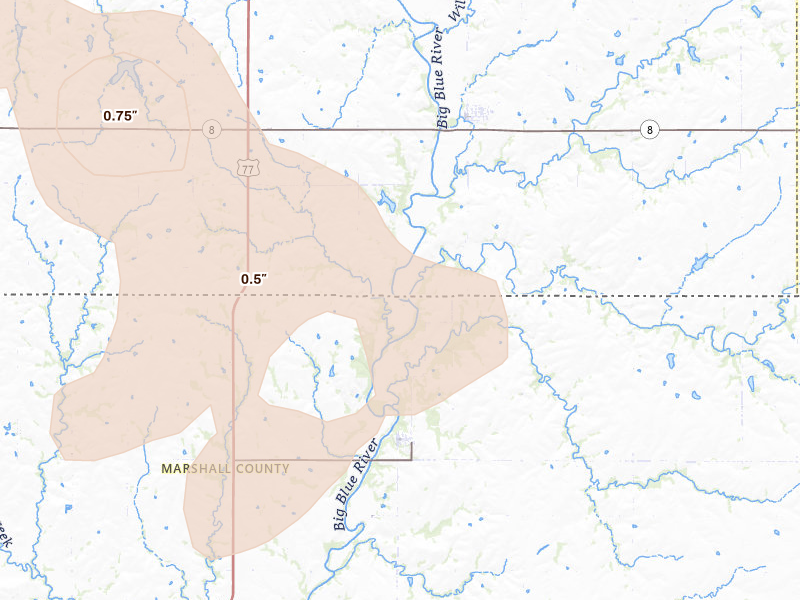 Radar-estimated hail-size map of the storm over Oketo, KS on Aug 19, 2026