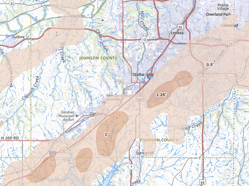 Radar-estimated hail-size map of the storm over Olathe, KS on Mar 10, 2026