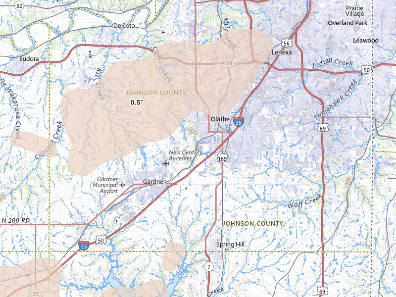 Radar-estimated hail-size map of the storm over Olathe, KS on Apr 17, 2026
