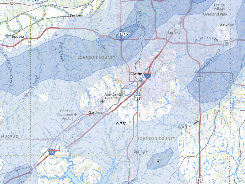 NEXRAD radar-signature map of the hail over Olathe, KS