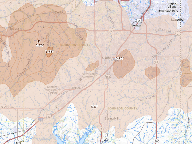 Radar-estimated hail-size map of the storm over Olathe, KS on Apr 26, 2026