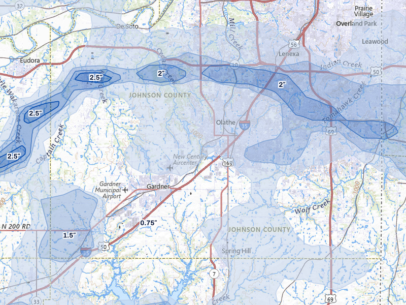 NEXRAD radar-signature map of the hail over Olathe, KS