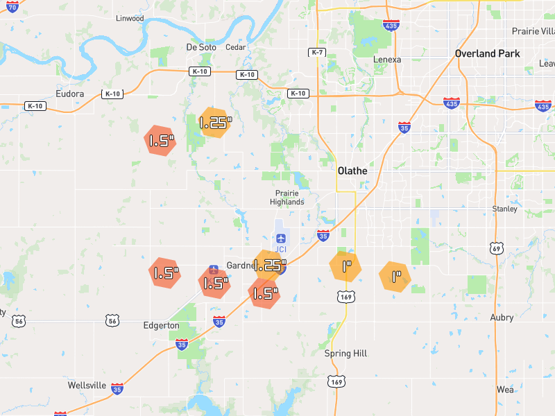 Hail map of Olathe, KS on Jun 9, 2026, hail up to 1.5"