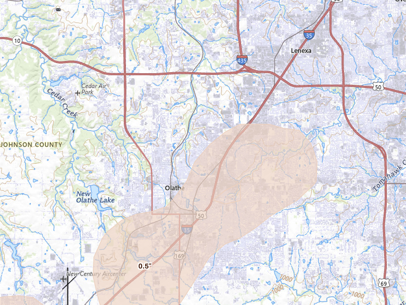 Radar-estimated hail-size map of the storm over Olathe, KS on Aug 9, 2026