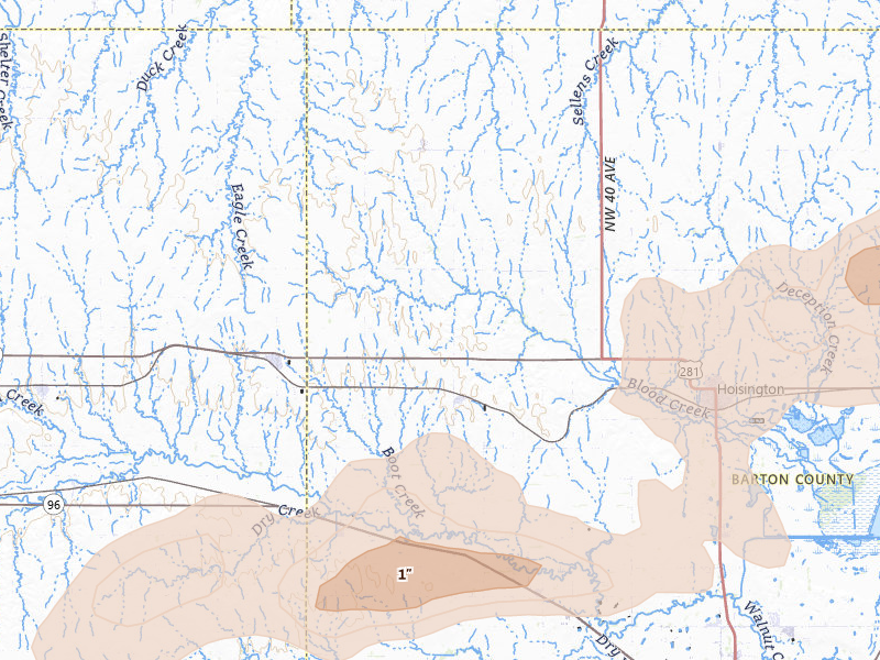 Radar-estimated hail-size map of the storm over Olmitz, KS on Apr 9, 2026