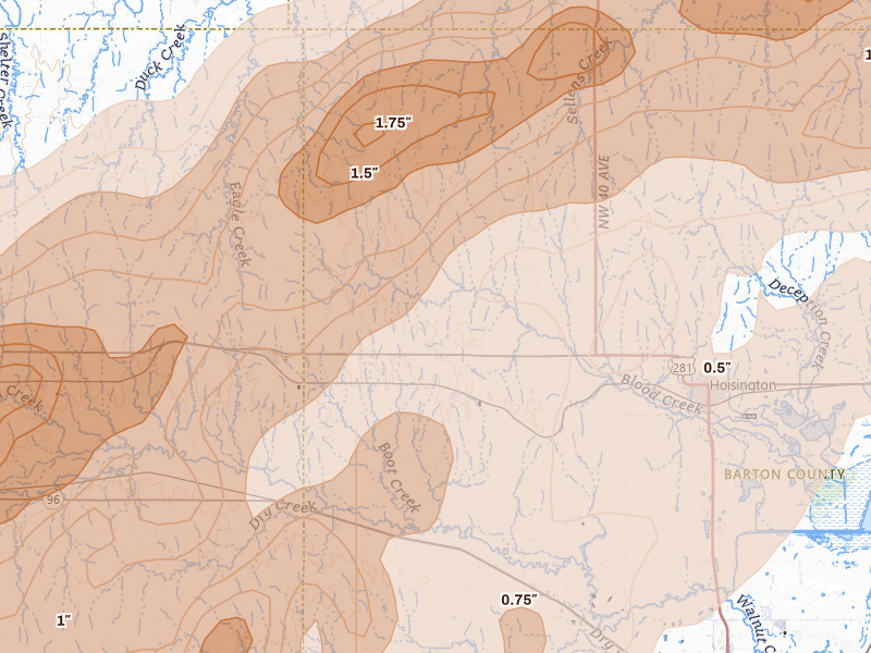 Radar-estimated hail-size map of the storm over Olmitz, KS on May 17, 2026