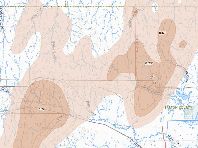 Radar-estimated hail-size map of the storm over Olmitz, KS on May 30, 2026