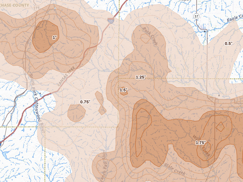 Radar-estimated hail-size map of the storm over Olpe, KS on Apr 26, 2026