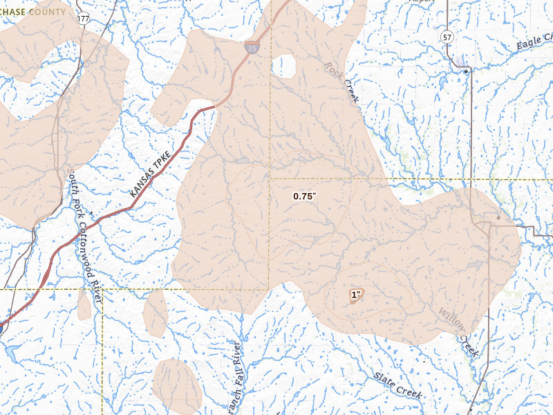 Radar-estimated hail-size map of the storm over Olpe, KS on May 18, 2026