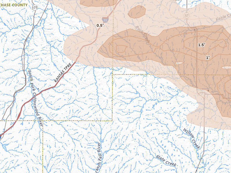 Radar-estimated hail-size map of the storm over Olpe, KS on May 31, 2026