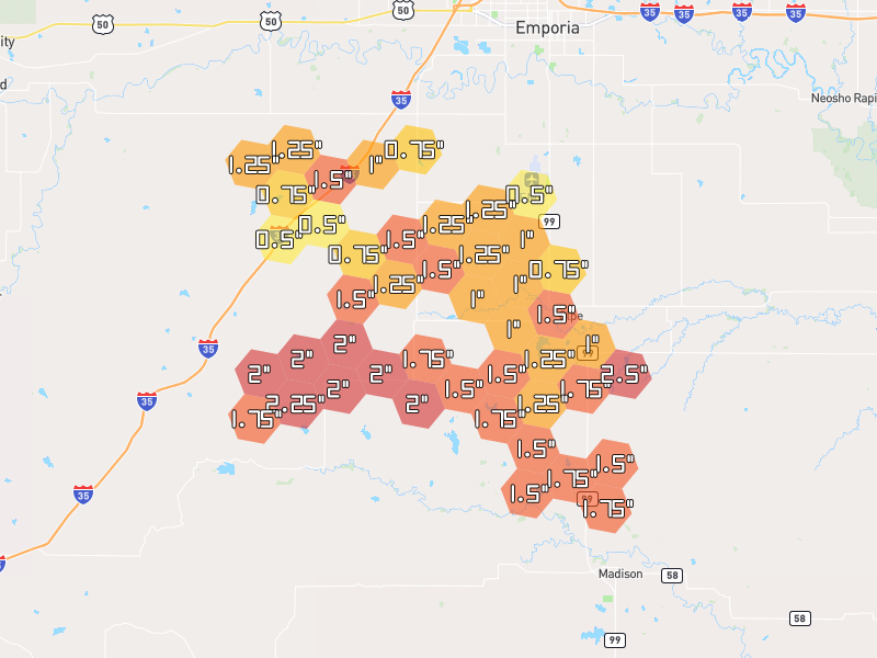 Hail map of Olpe, KS on Jun 1, 2026, hail up to 2.5"