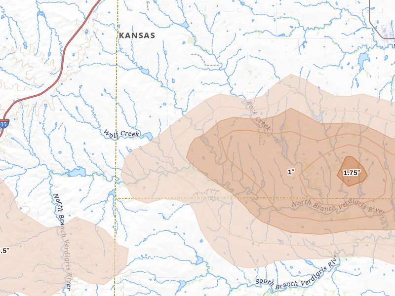 Radar-estimated hail-size map of the storm over Olpe, KS on Aug 5, 2026