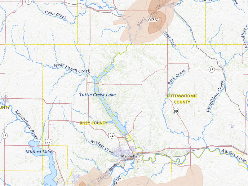 Radar-estimated hail-size map of the storm over Olsburg, KS on Apr 23, 2026