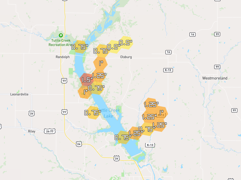 Hail map of Olsburg, KS on Jun 4, 2026, hail up to 1.5"
