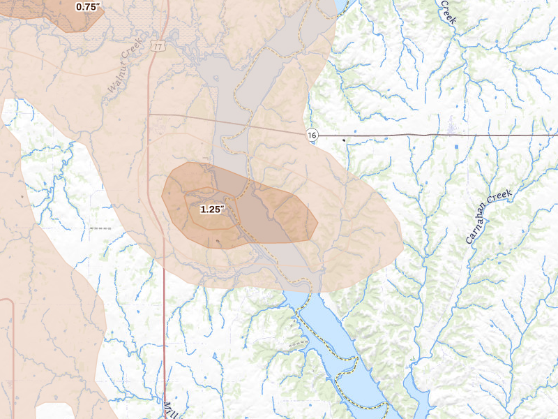 Radar-estimated hail-size map of the storm over Olsburg, KS on Aug 6, 2026