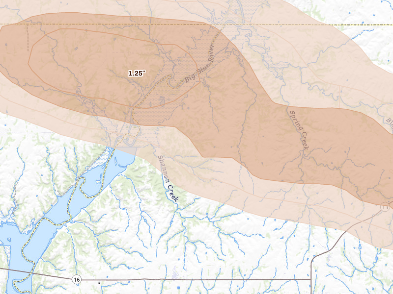 Radar-estimated hail-size map of the storm over Olsburg, KS on Aug 18, 2026