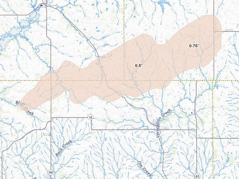 Radar-estimated hail-size map of the storm over Onaga, KS on Apr 26, 2026