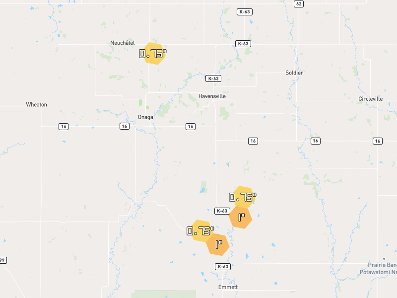 Hail map of Onaga, KS on Jun 4, 2026, hail up to 1"