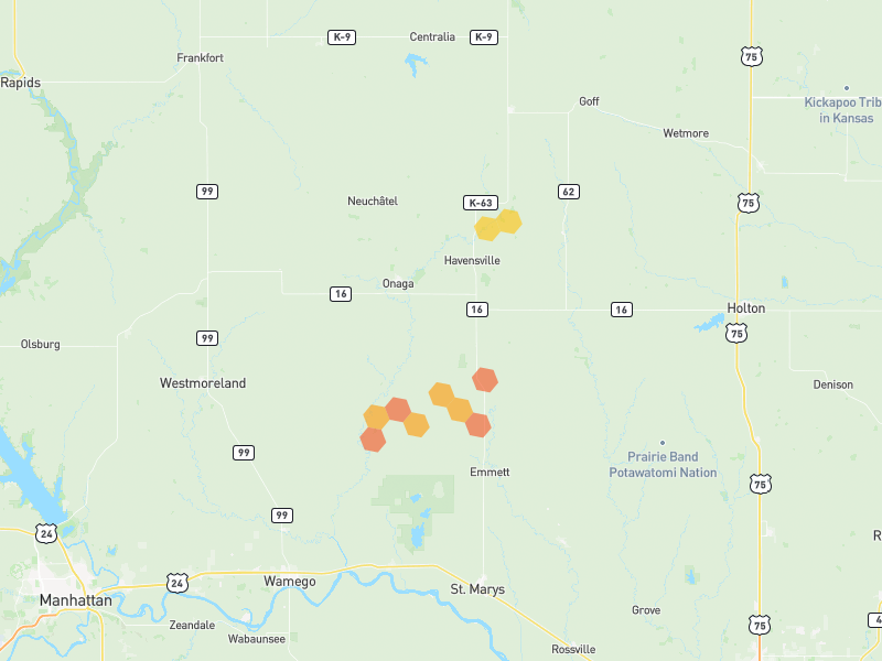 Hail map of Onaga, KS on Jun 5, 2026, hail up to 1.75"