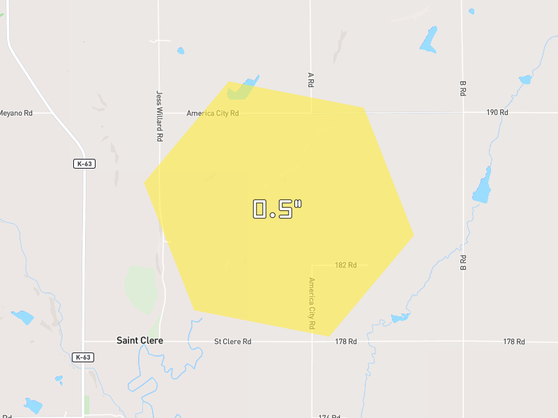Hail map of Onaga, KS on Jun 6, 2026, hail up to 0.5"