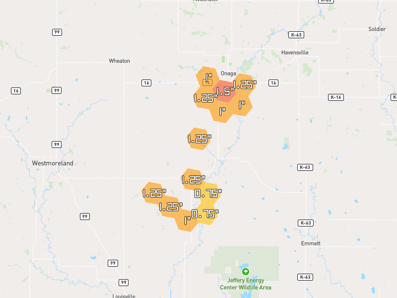 Hail map of Onaga, KS on Jul 3, 2026, hail up to 1.5"