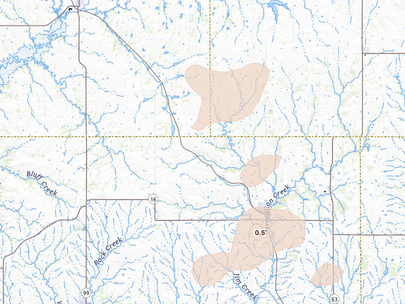 Radar-estimated hail-size map of the storm over Onaga, KS on Jul 4, 2026