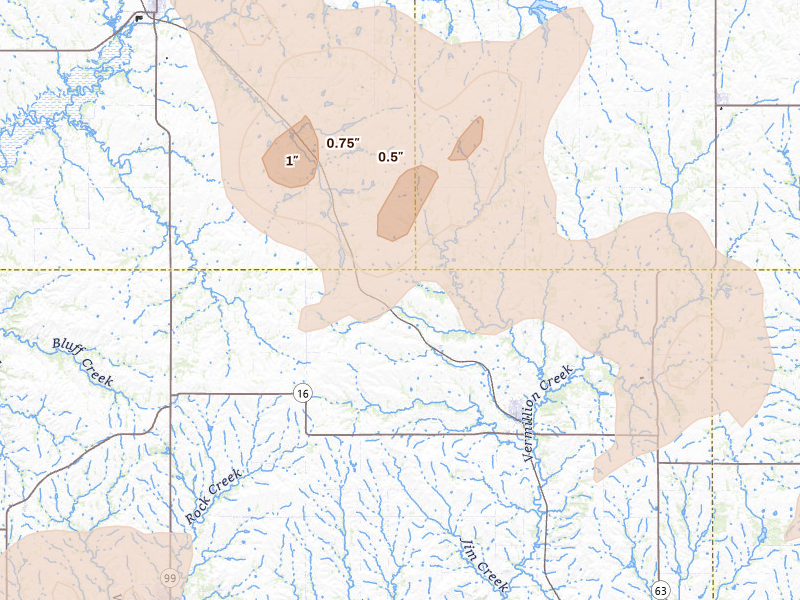 Radar-estimated hail-size map of the storm over Onaga, KS on Jul 8, 2026