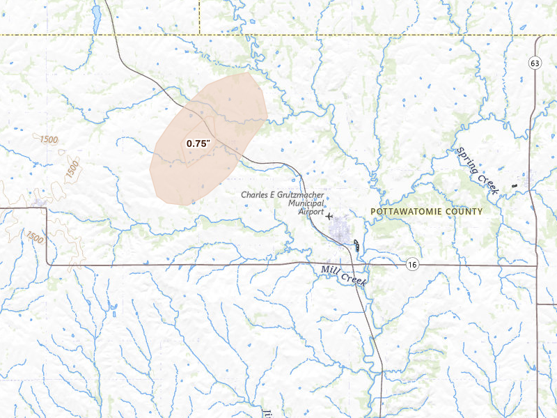 Radar-estimated hail-size map of the storm over Onaga, KS on Aug 13, 2026
