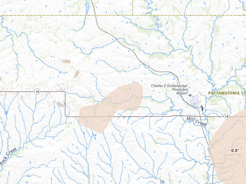 Radar-estimated hail-size map of the storm over Onaga, KS on Aug 15, 2026