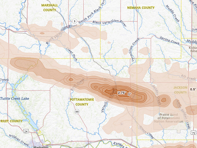 Radar-estimated hail-size map of the storm over Onaga, KS on Aug 18, 2026