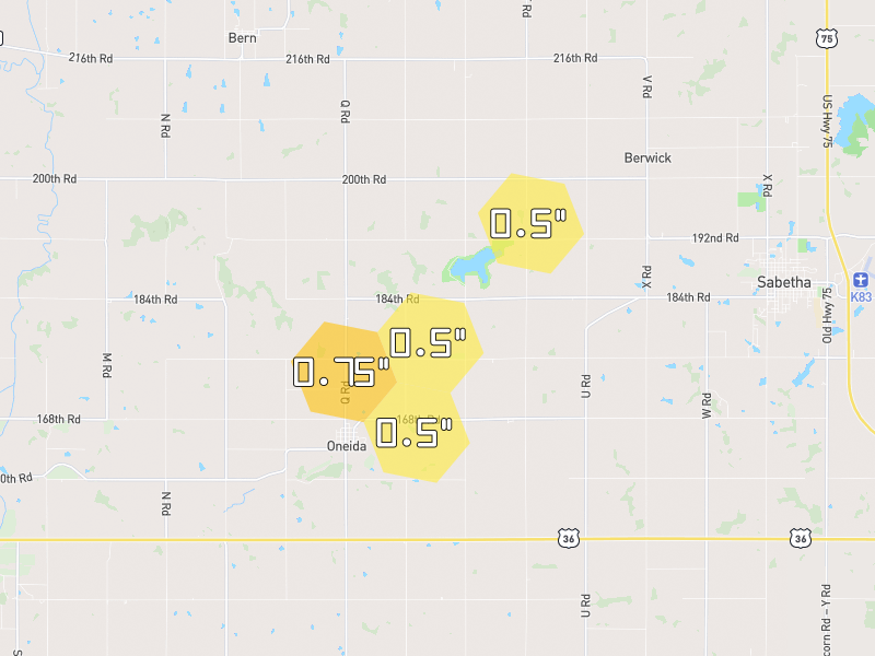 Hail map of Oneida, KS on Jun 4, 2026, hail up to 0.75"