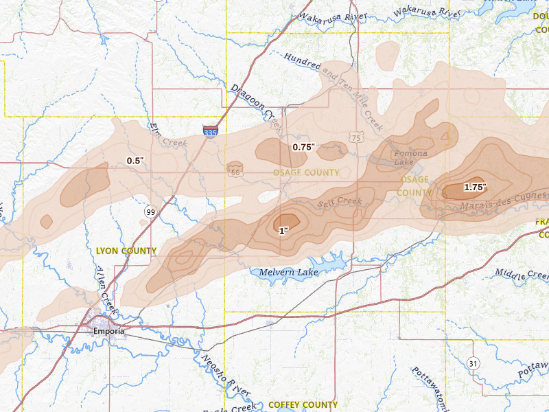 Radar-estimated hail-size map of the storm over Osage City, KS on Apr 13, 2026