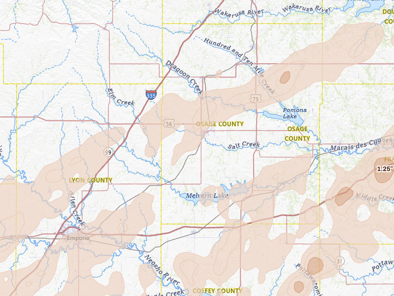Radar-estimated hail-size map of the storm over Osage City, KS on Apr 17, 2026