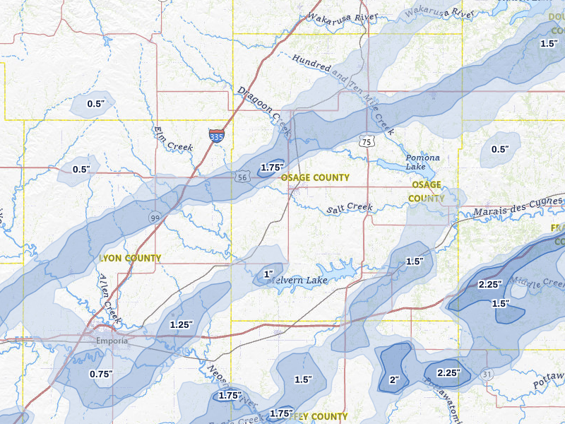 NEXRAD radar-signature map of the hail over Osage City, KS