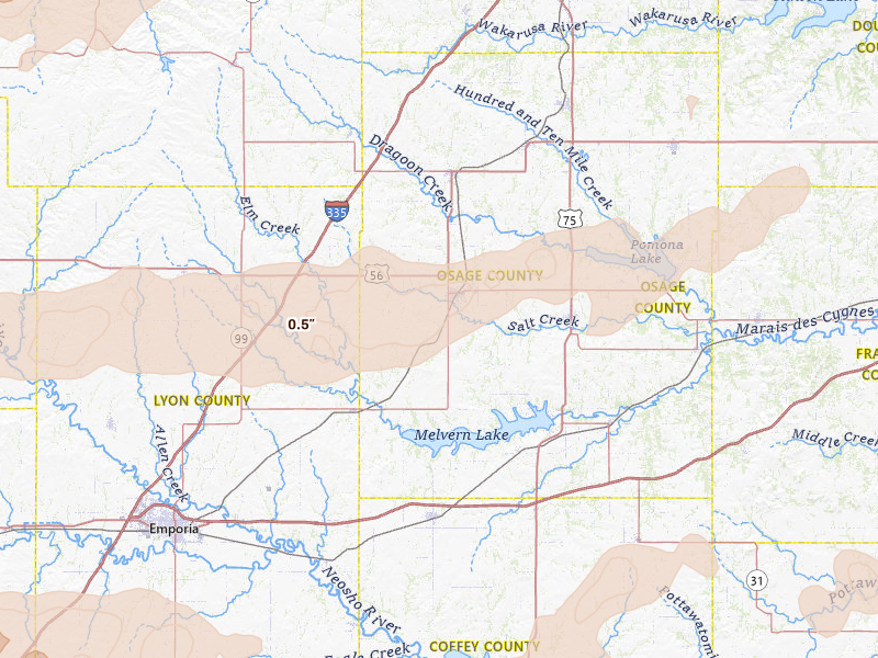 Radar-estimated hail-size map of the storm over Osage City, KS on Apr 23, 2026