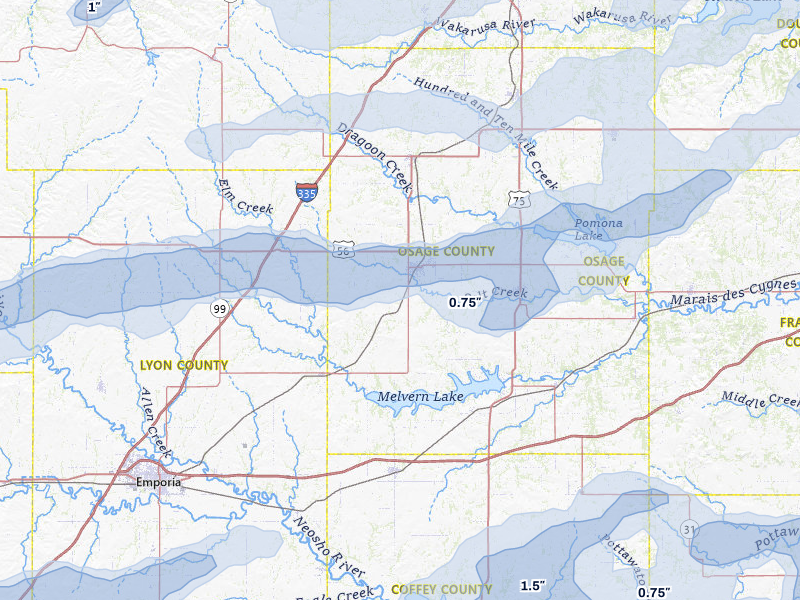 NEXRAD radar-signature map of the hail over Osage City, KS