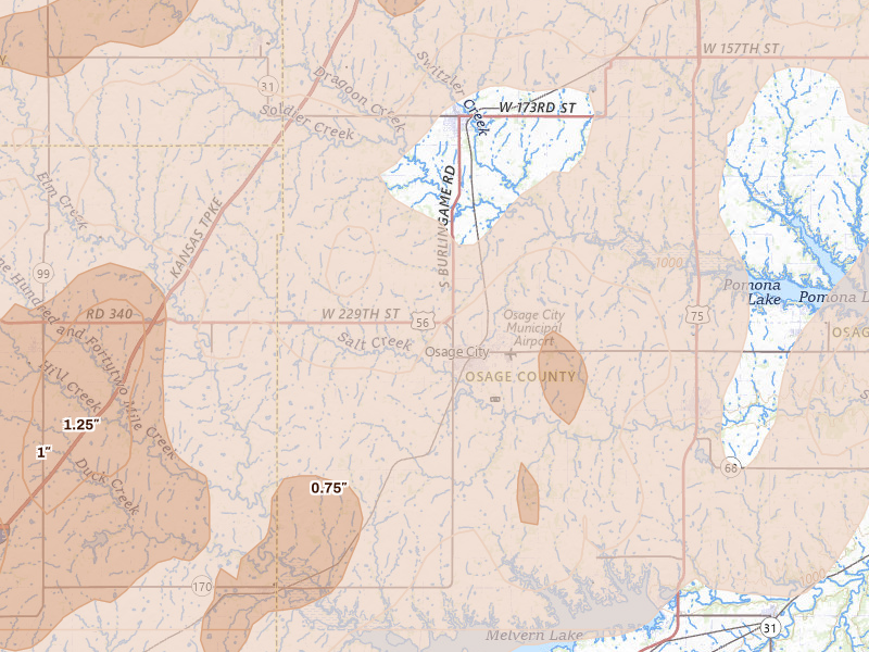 Radar-estimated hail-size map of the storm over Osage City, KS on Apr 26, 2026