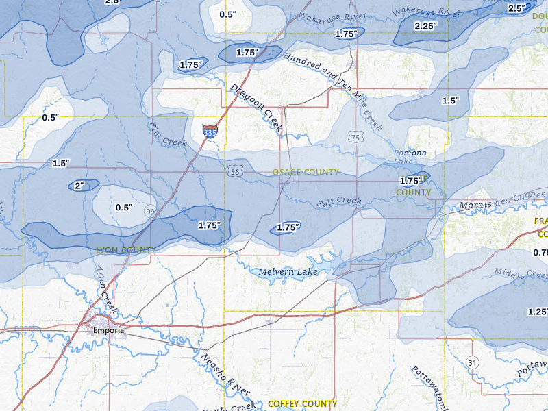 NEXRAD radar-signature map of the hail over Osage City, KS