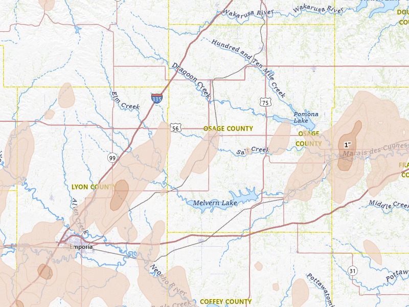 Radar-estimated hail-size map of the storm over Osage City, KS on May 30, 2026