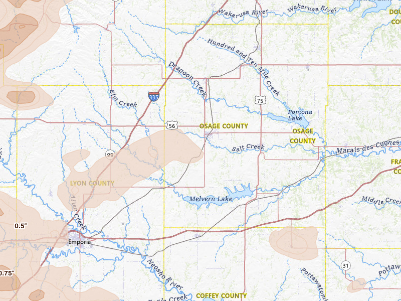 Radar-estimated hail-size map of the storm over Osage City, KS on May 31, 2026