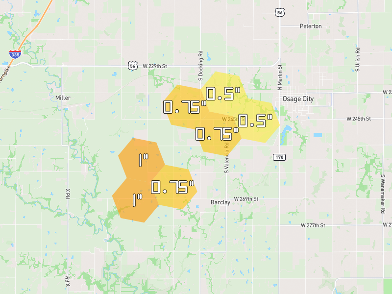 Hail map of Osage City, KS on Jun 1, 2026, hail up to 1"