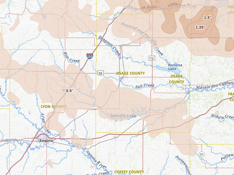 Radar-estimated hail-size map of the storm over Osage City, KS on Jun 8, 2026